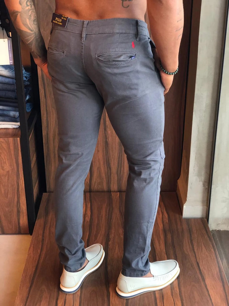 Calça Ralph Lauren de Sarja Chino Stretch Slim Fit- Cinza Escuro